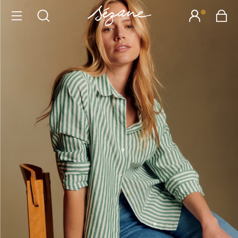 Sezane Tomboy, Size US6 (38), Green and White Vertical Stripe Button-Down Shirt